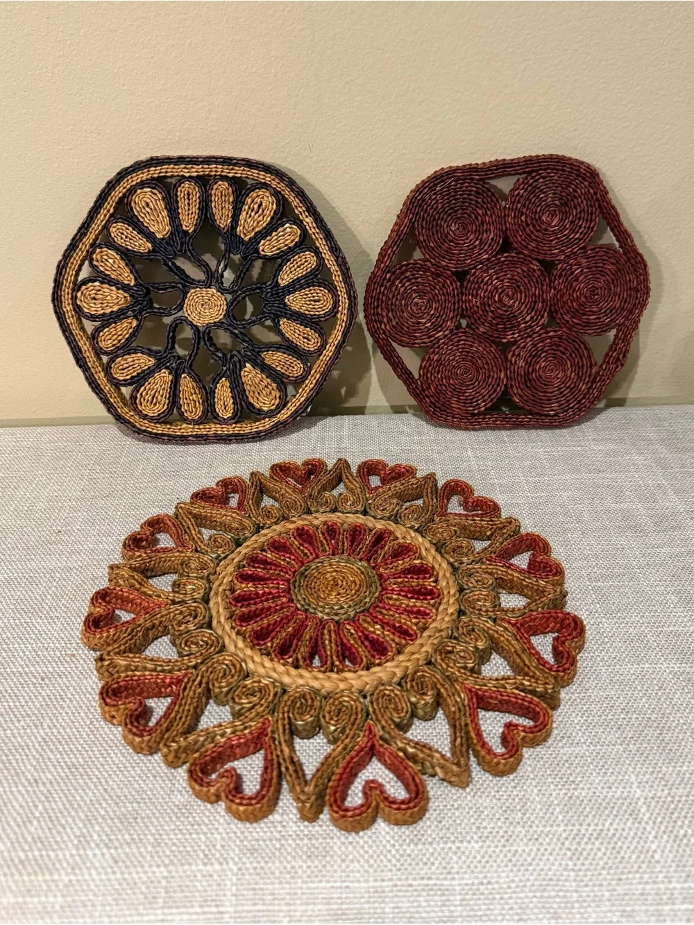 Vintage Woven Boho Table Trivets & Wall Hangings Set of 3 Coasters Farmhouse